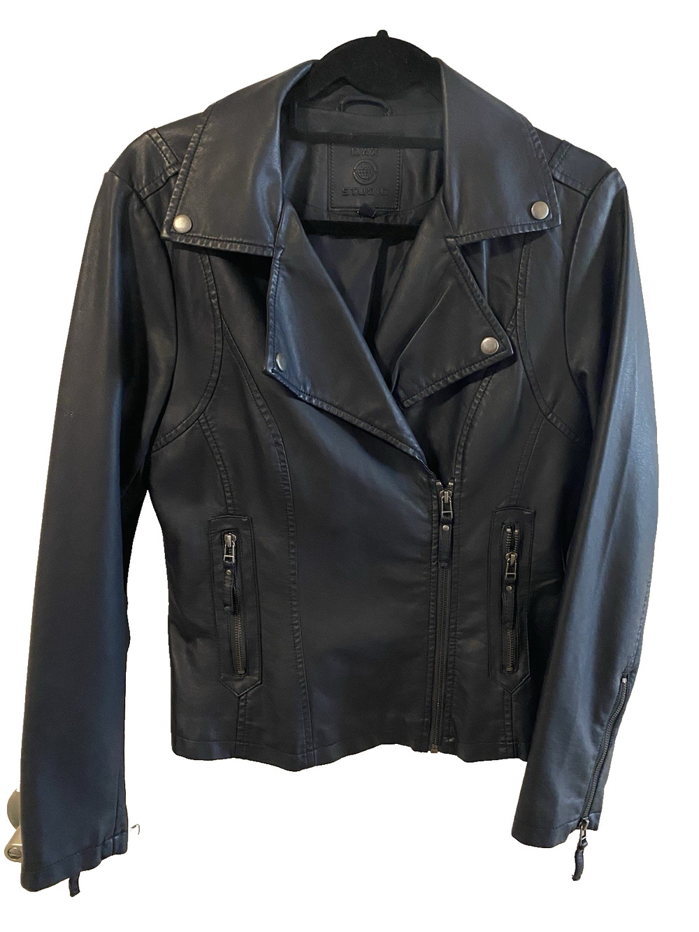 Max Studio Womens Black Faux Leather Moto Jacket Size Medium Punk Motorcycle